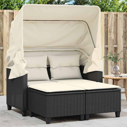 vidaXL Garden Sofa 2-Seater with Canopy and Stools Black Poly Rattan 1