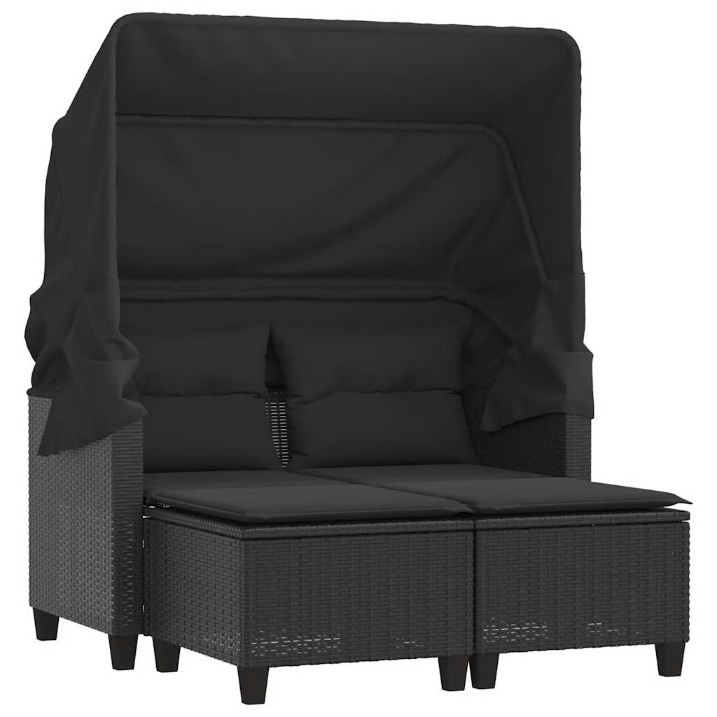 vidaXL Garden Sofa 2-Seater with Canopy and Stools Black Poly Rattan 2