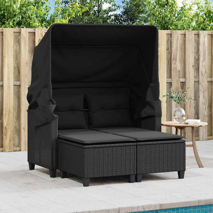 vidaXL Garden Sofa 2-Seater with Canopy and Stools Black Poly Rattan 3