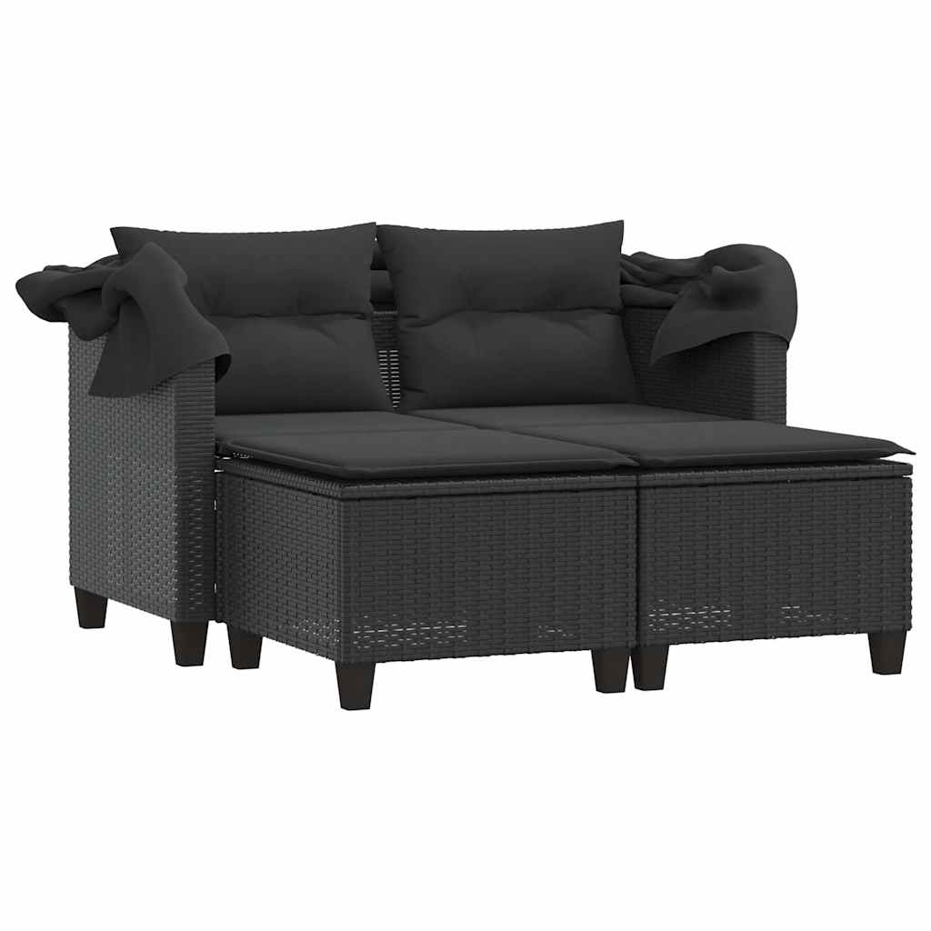 vidaXL Garden Sofa 2-Seater with Canopy and Stools Black Poly Rattan 4