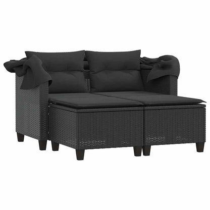vidaXL Garden Sofa 2-Seater with Canopy and Stools Black Poly Rattan 4