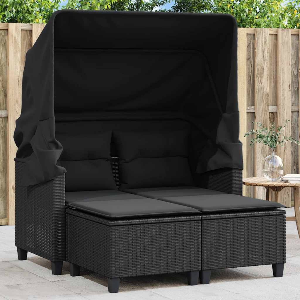 vidaXL Garden Sofa 2-Seater with Canopy and Stools Black Poly Rattan 1