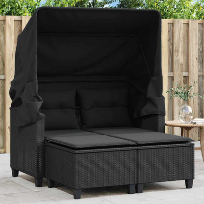 vidaXL Garden Sofa 2-Seater with Canopy and Stools Black Poly Rattan 1