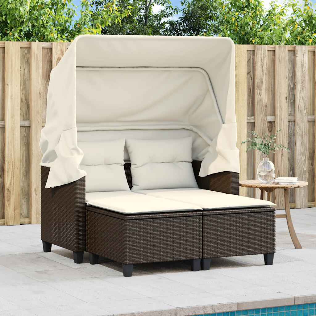 Garden Sofa 2-Seater with Canopy and Stools Poly Rattan Brown