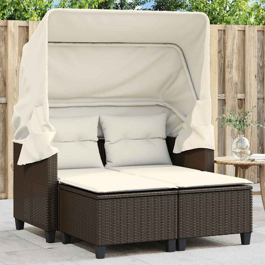 vidaXL Garden Sofa 2-Seater with Canopy and Stools Brown Poly Rattan 1