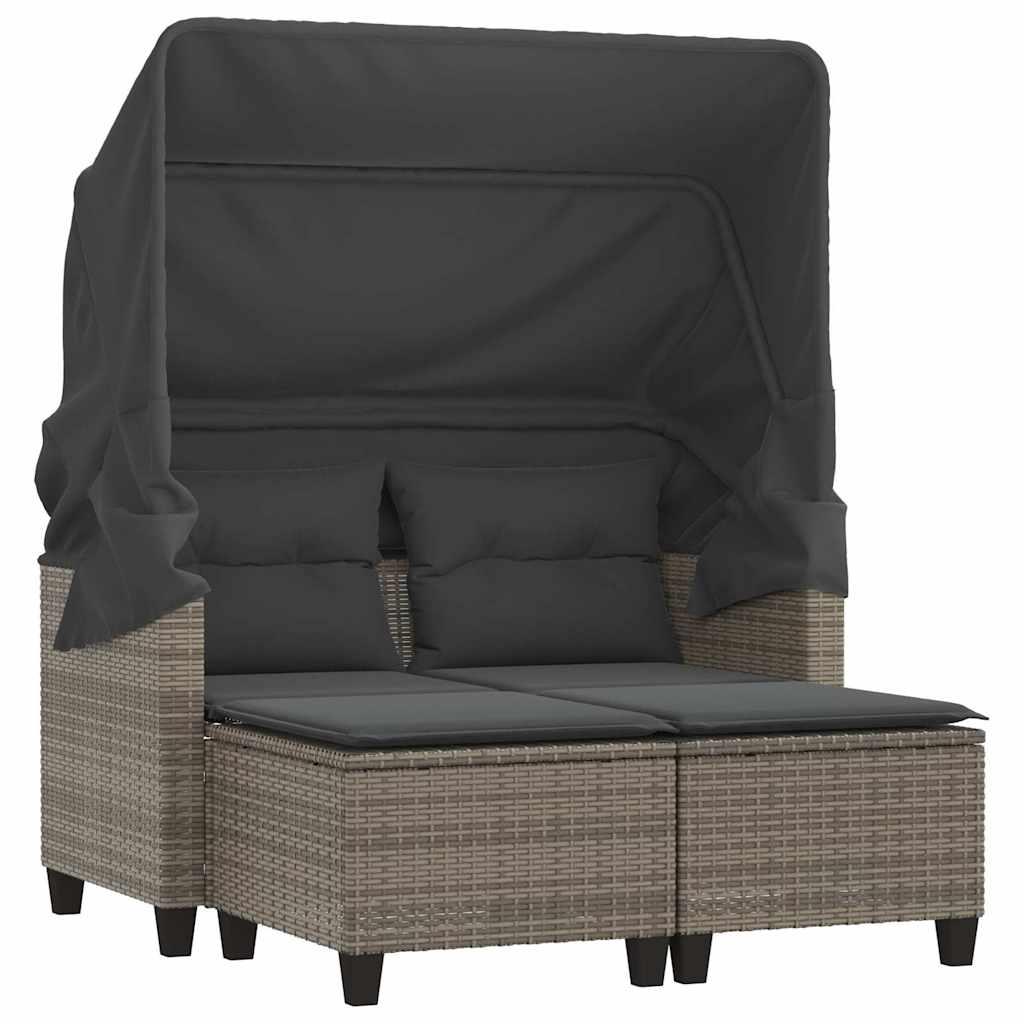 Garden Sofa 2-Seater with Canopy and Stools Poly Rattan Grey