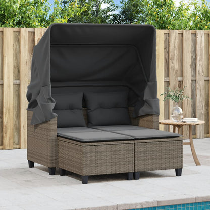 vidaXL Garden Sofa 2-Seater with Canopy and Stools Grey Poly Rattan 3