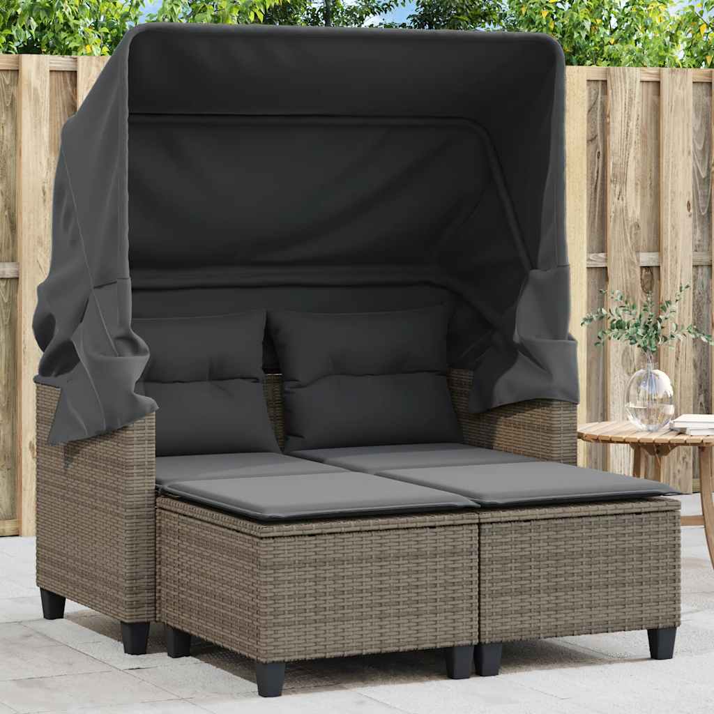 vidaXL Garden Sofa 2-Seater with Canopy and Stools Grey Poly Rattan 1
