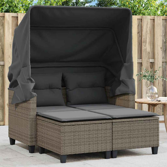 vidaXL Garden Sofa 2-Seater with Canopy and Stools Grey Poly Rattan 1