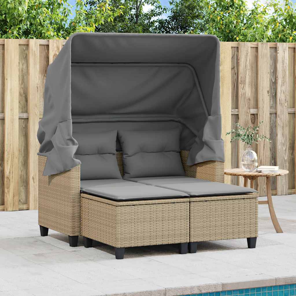 vidaXL Garden Sofa 2-Seater with Canopy and Stools Beige Poly Rattan 3