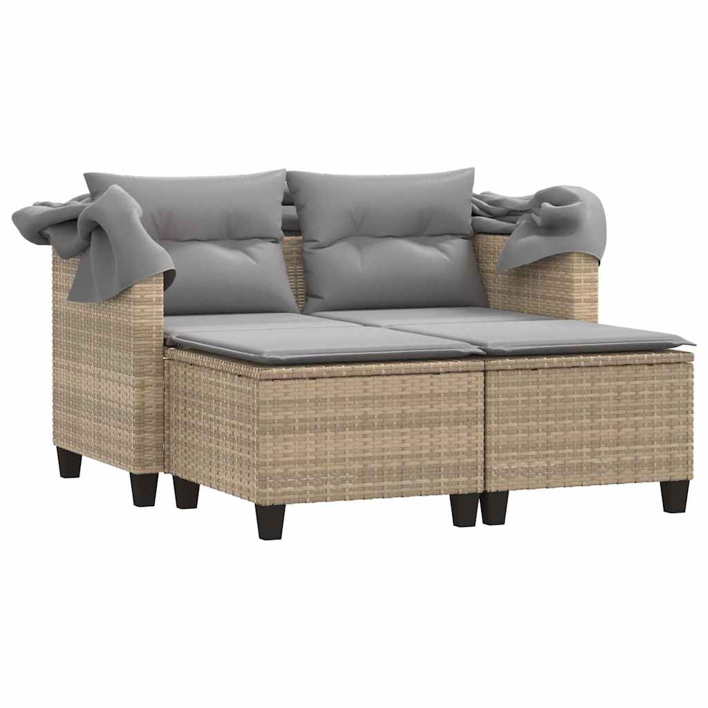 vidaXL Garden Sofa 2-Seater with Canopy and Stools Beige Poly Rattan 4