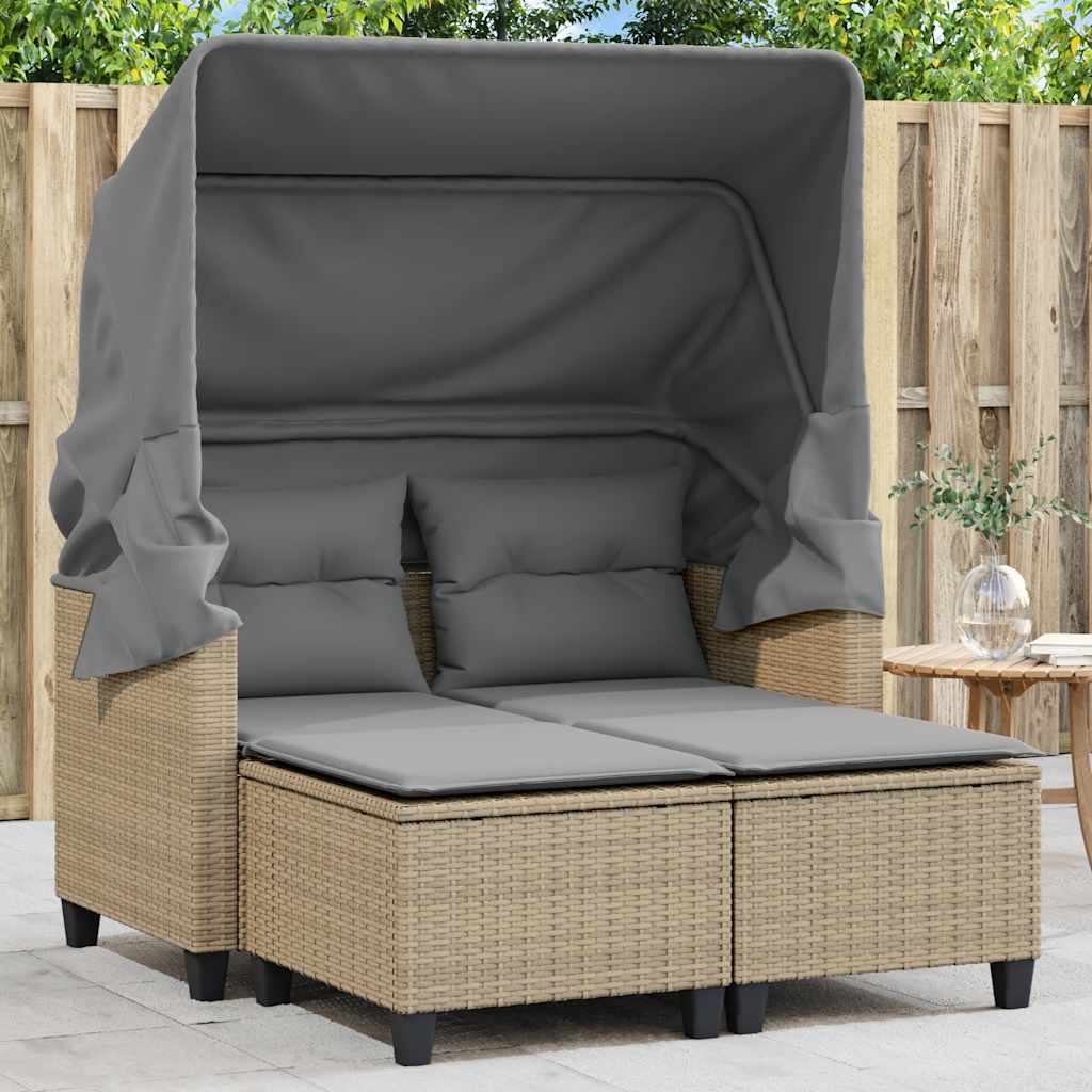 vidaXL Garden Sofa 2-Seater with Canopy and Stools Beige Poly Rattan 1