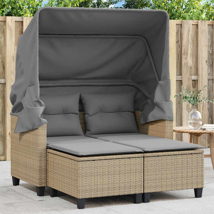 vidaXL Garden Sofa 2-Seater with Canopy and Stools Beige Poly Rattan 1