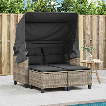 vidaXL Garden Sofa 2-Seater with Canopy&Stools Light Grey Poly Rattan 3