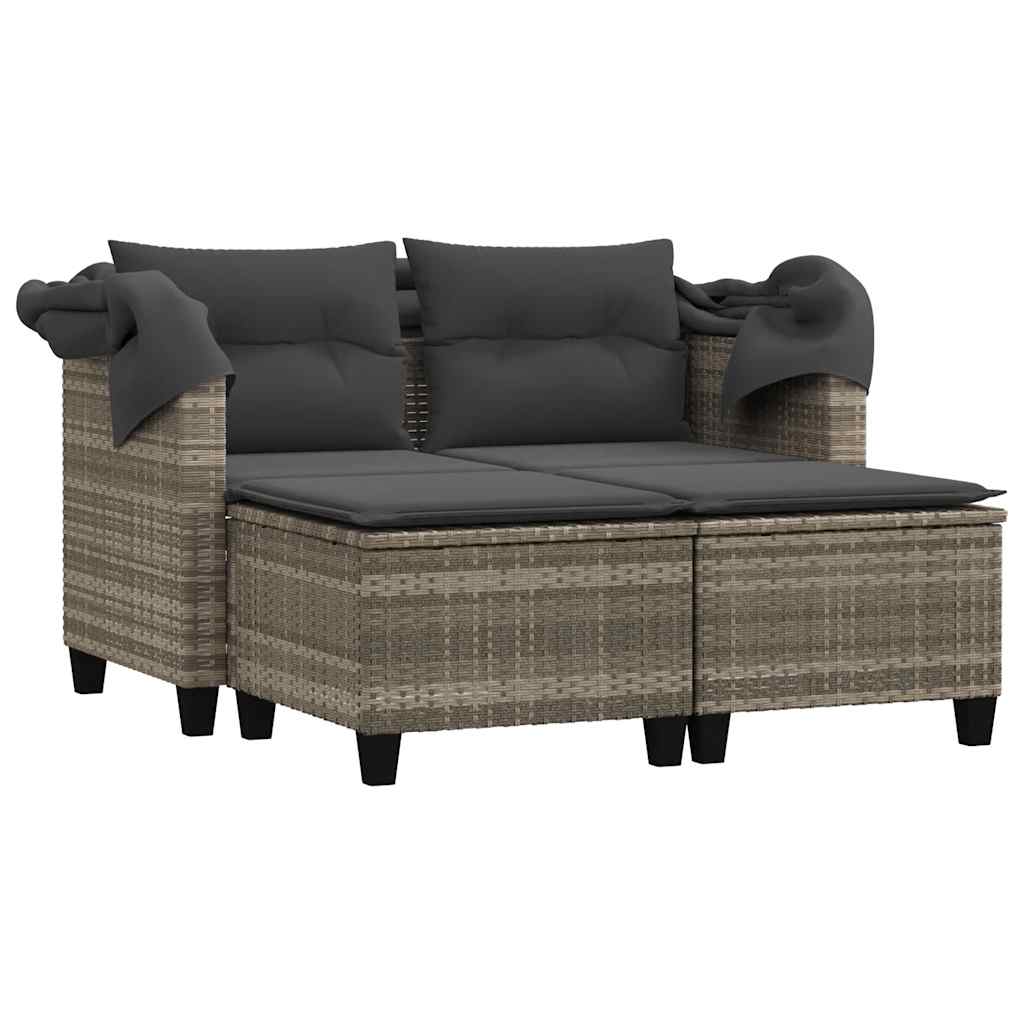 vidaXL Garden Sofa 2-Seater with Canopy&Stools Light Grey Poly Rattan 4