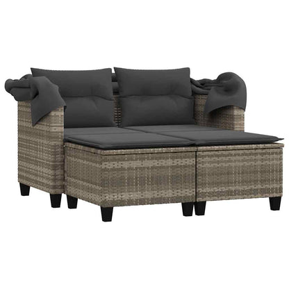 vidaXL Garden Sofa 2-Seater with Canopy&Stools Light Grey Poly Rattan 4