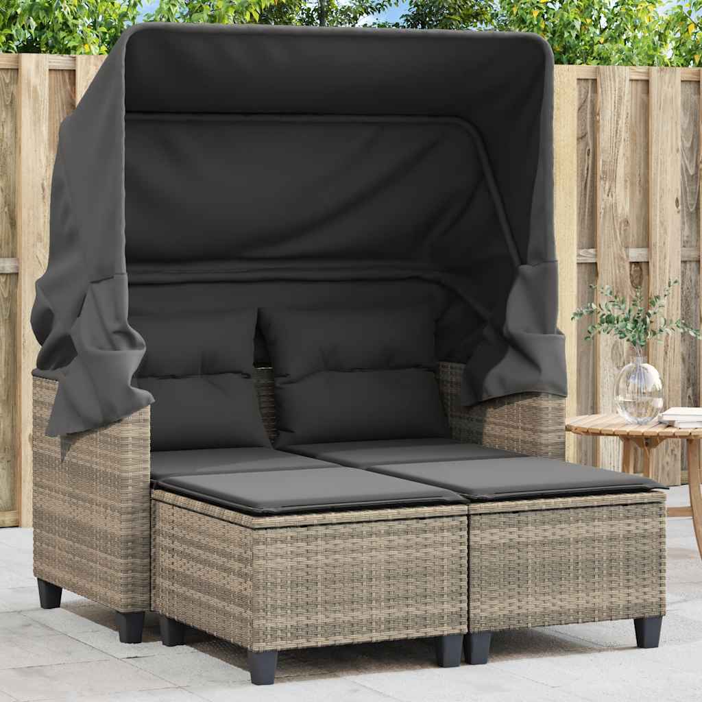 vidaXL Garden Sofa 2-Seater with Canopy&Stools Light Grey Poly Rattan 1