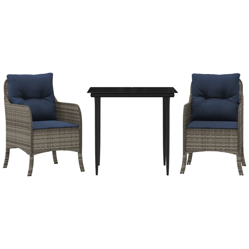 vidaXL 3 Piece Garden Dining Set with Cushions Grey Poly Rattan 2
