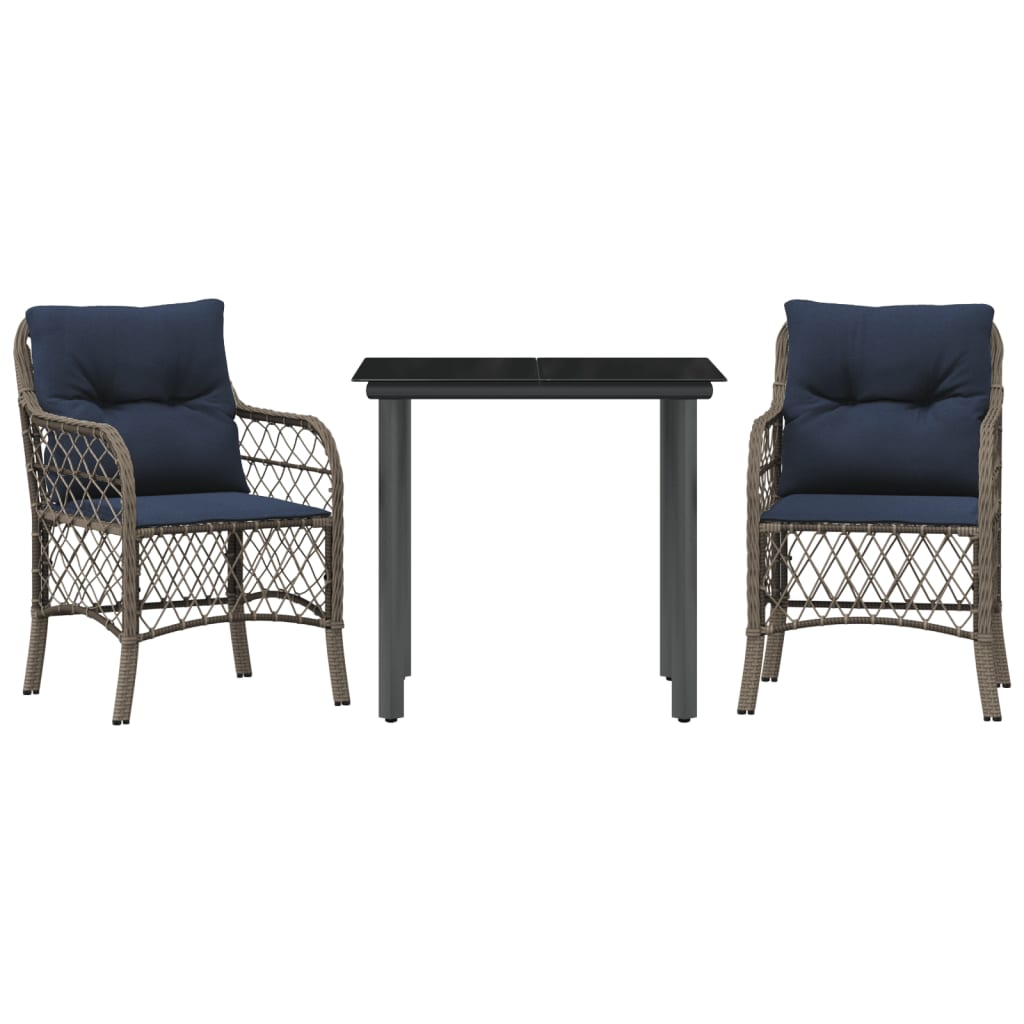 vidaXL 3 Piece Bistro Set with Cushions Grey Poly Rattan 2