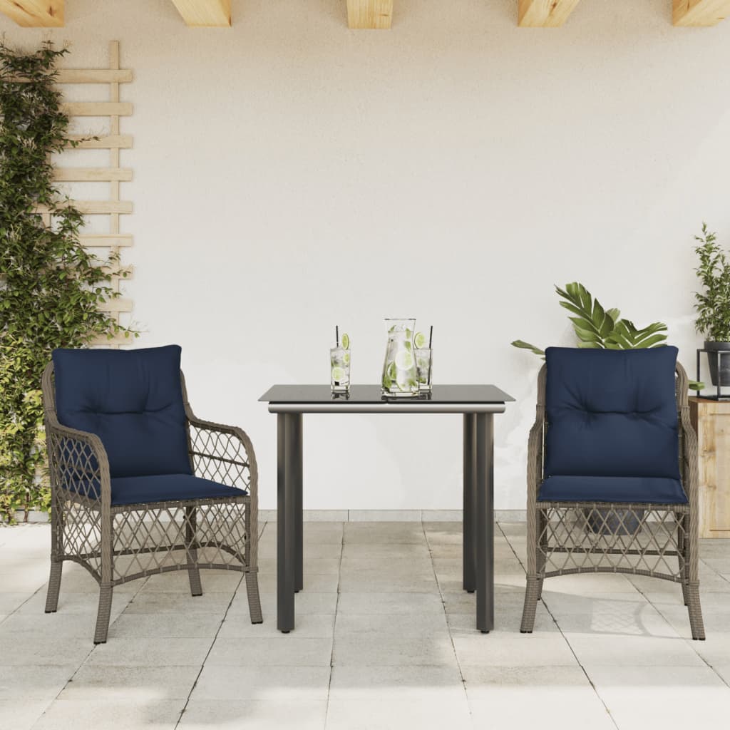 vidaXL 3 Piece Bistro Set with Cushions Grey Poly Rattan 1