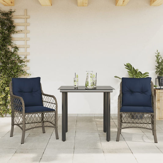 5 Piece Garden Dining Set with Cushions Grey Poly Rattan Round leg