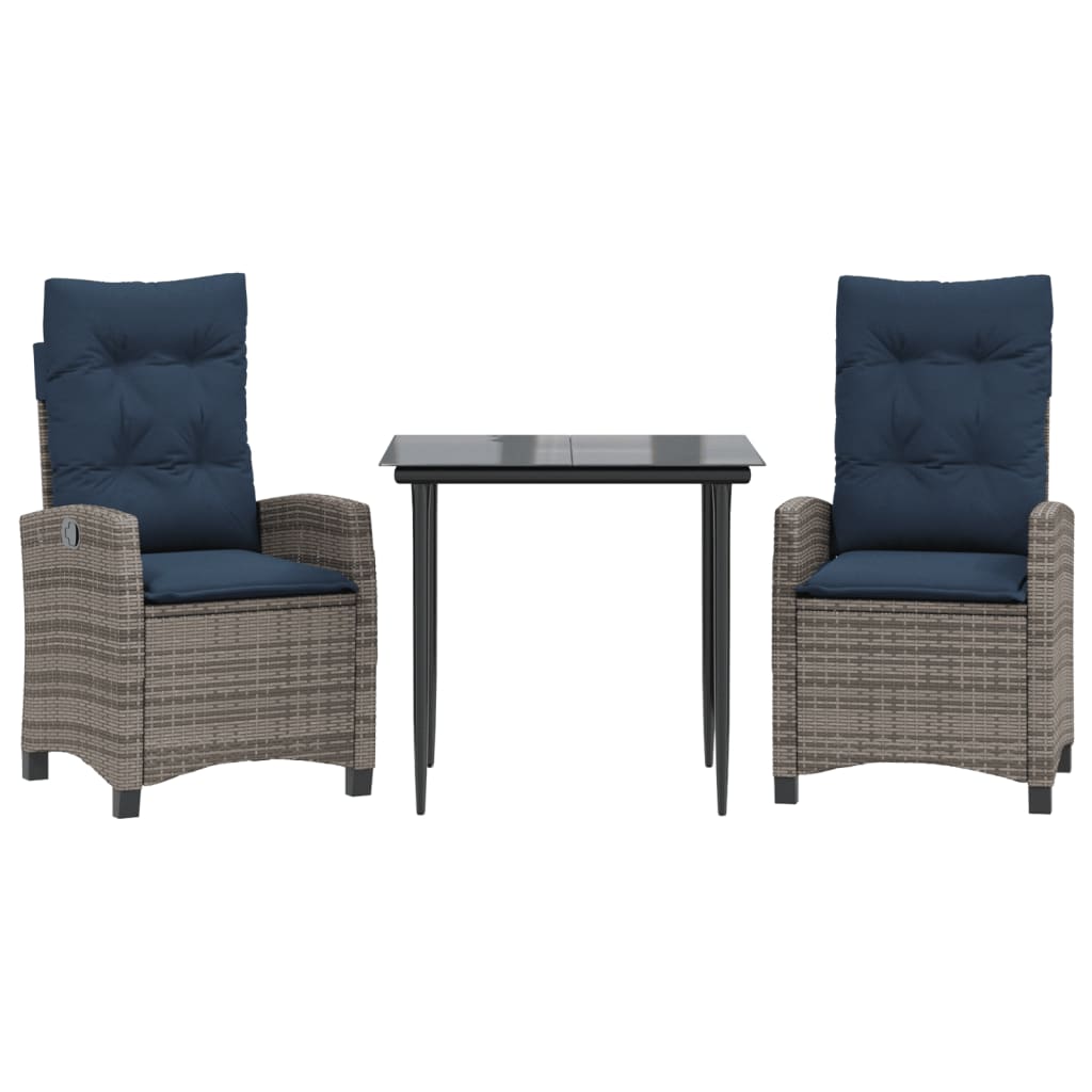 vidaXL 3 Piece Garden Dining Set with Cushions Grey Poly Rattan 2