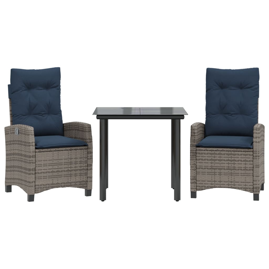 vidaXL 3 Piece Garden Dining Set with Cushions Grey Poly Rattan 2
