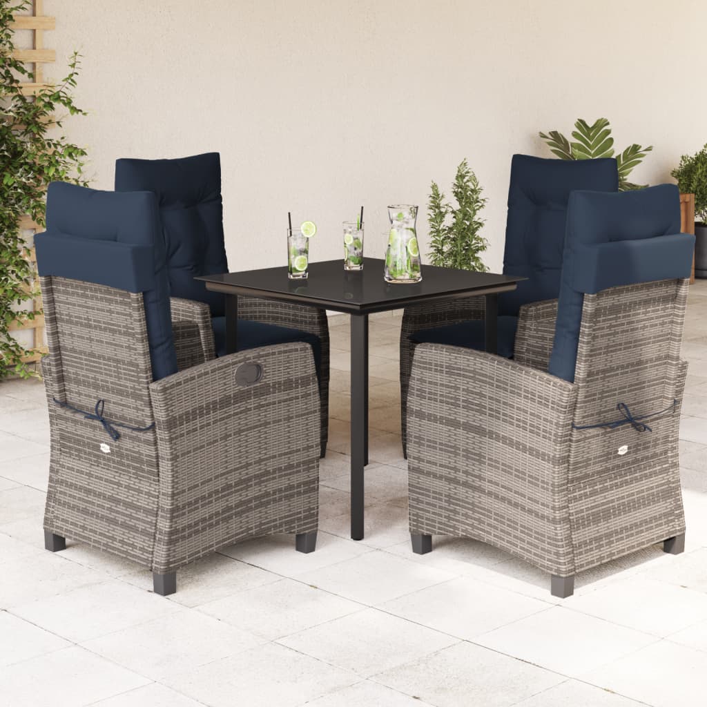 5 Piece Garden Dining Set with Cushions Grey Poly Rattan 80 cm table length with footrest 4