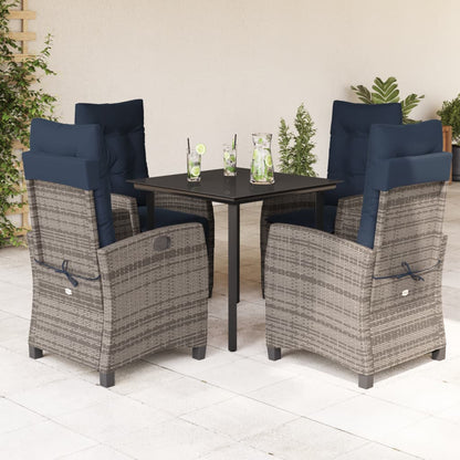 5 Piece Garden Dining Set with Cushions Grey Poly Rattan 80 cm table length with footrest 4