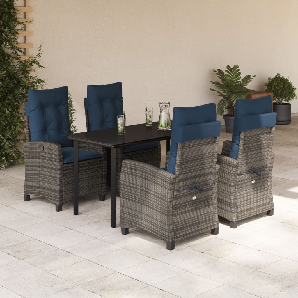 5 Piece Garden Dining Set with Cushions Grey Poly Rattan 140 cm table length without footrest 4