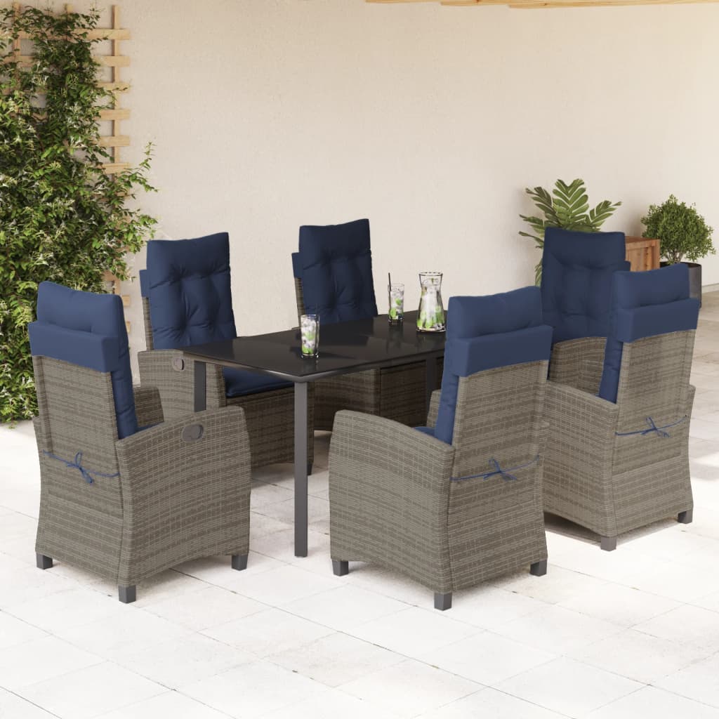 5 Piece Garden Dining Set with Cushions Grey Poly Rattan 160 cm table length without footrest 6