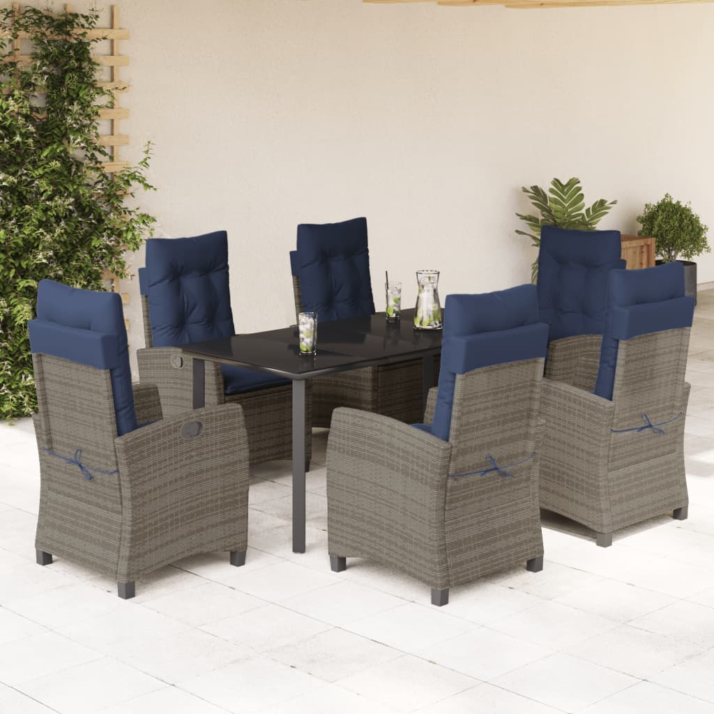 5 Piece Garden Dining Set with Cushions Grey Poly Rattan 160 cm table length with footrest 6