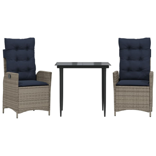 vidaXL 3 Piece Garden Dining Set with Cushions Grey Poly Rattan 2