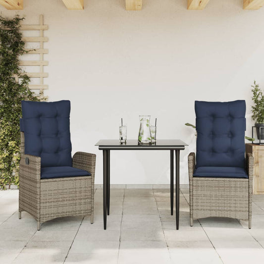 vidaXL 3 Piece Garden Dining Set with Cushions Grey Poly Rattan 1