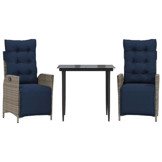 vidaXL 3 Piece Garden Dining Set with Cushions Grey Poly Rattan 2
