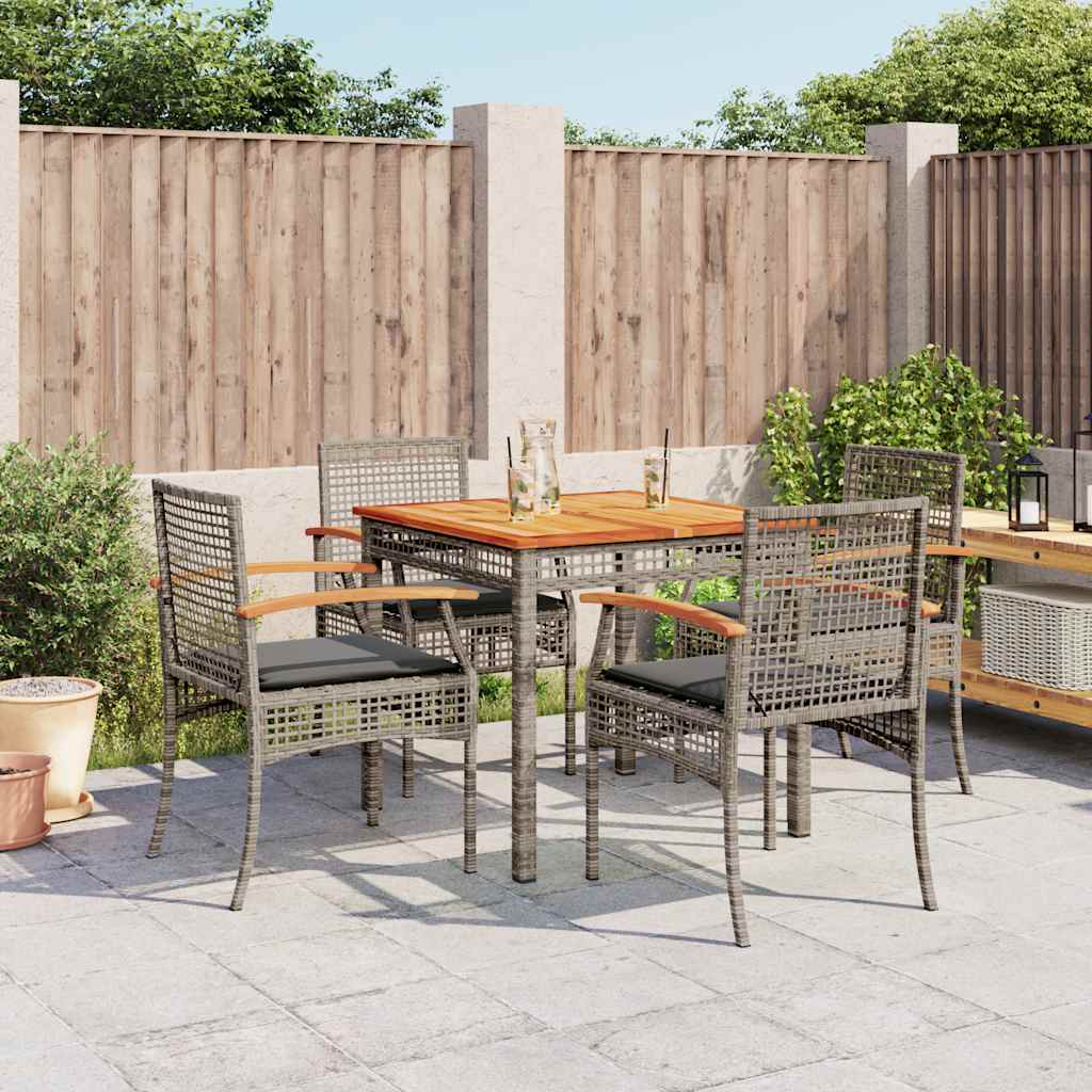 5 Piece Garden Dining Set with Cushions Grey Poly Rattan 80 cm table length