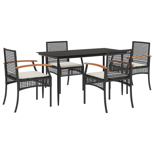vidaXL 5 Piece Garden Dining Set with Cushions Black Poly Rattan 2