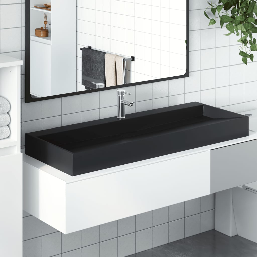 vidaXL Wash Basin 120x46x11 cm Mineral Cast/Marble Cast Matt Black 1