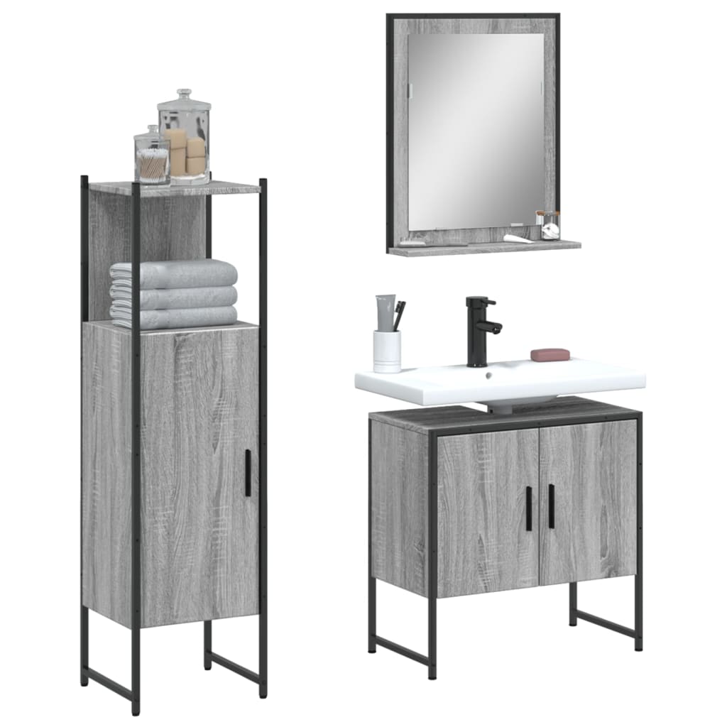 3 Piece Bathroom Cabinet Set Engineered Wood Grey sonoma