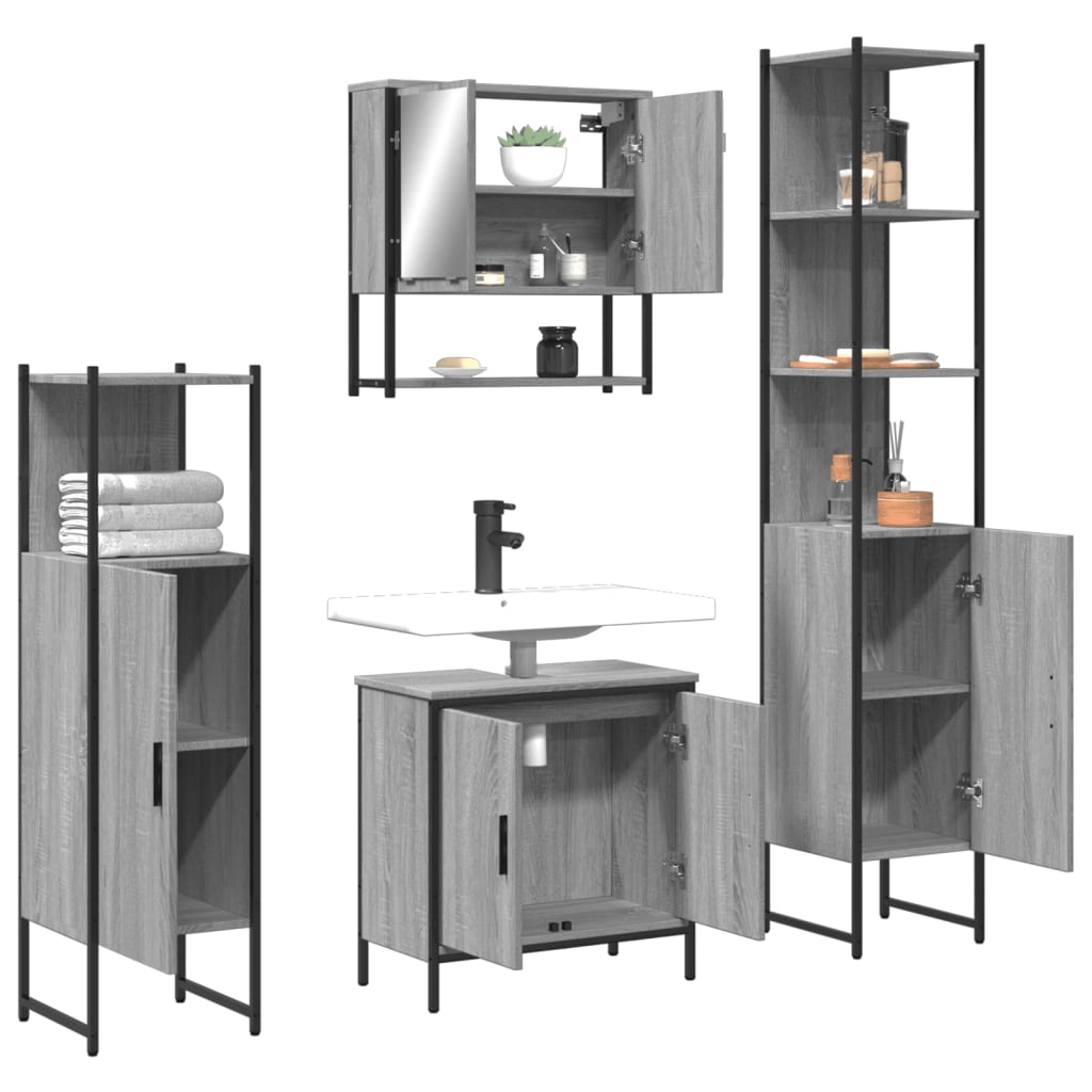 vidaXL 4 Piece Bathroom Furniture Set Grey Sonoma Engineered Wood 4