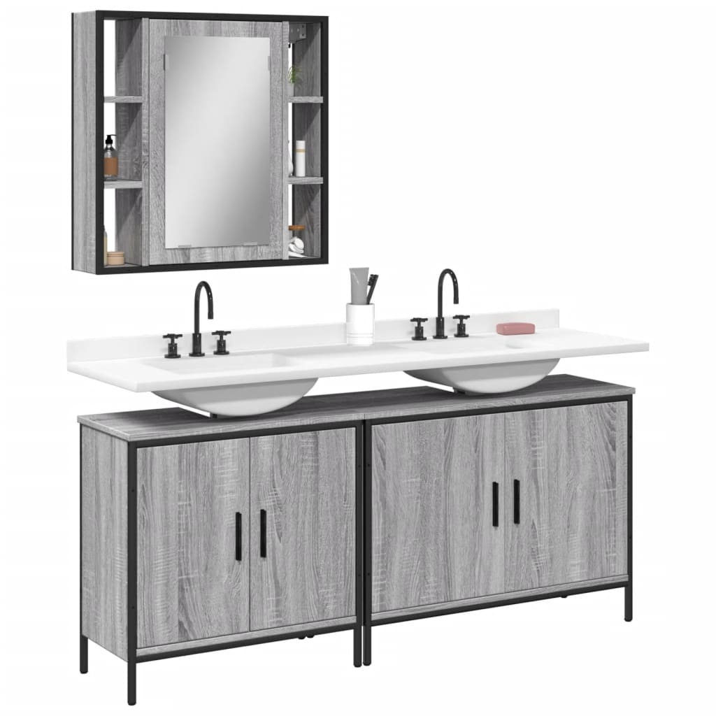 3 Piece Bathroom Cabinet Set Engineered Wood Grey sonoma