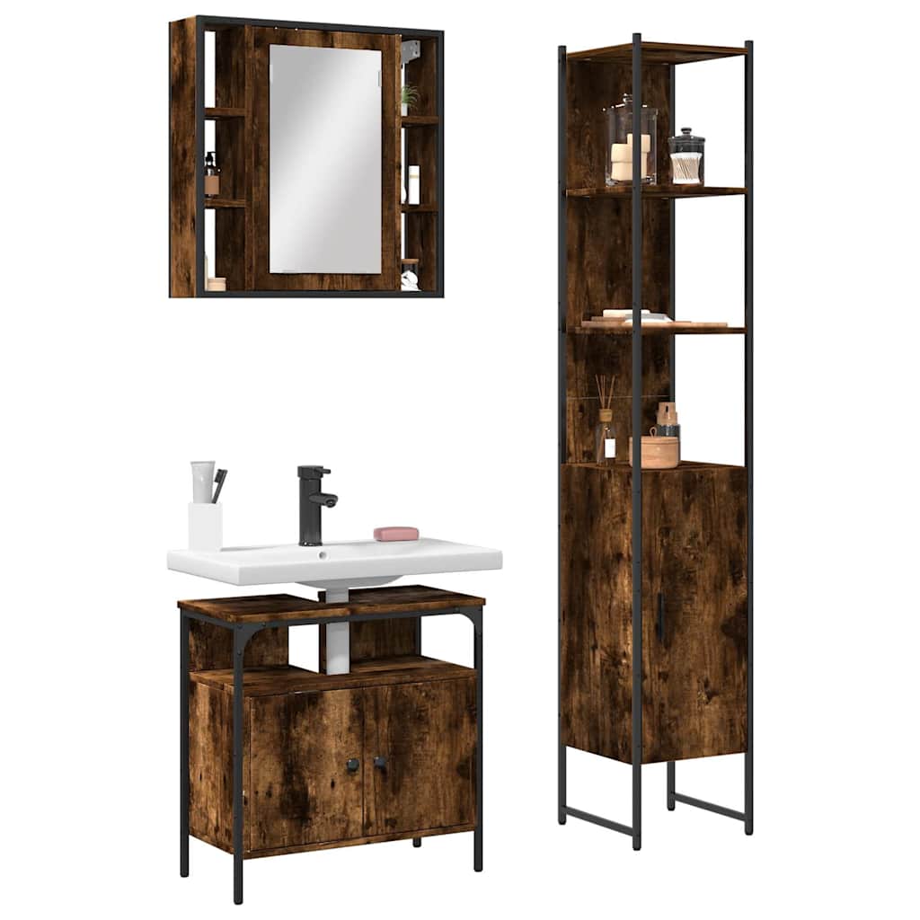 3 Piece Bathroom Cabinet Set Engineered Wood Smoked oak