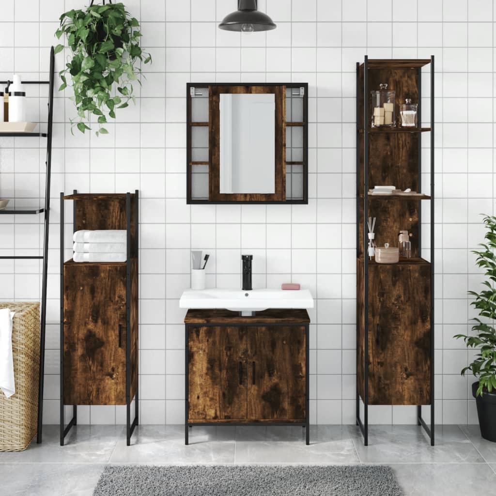 4 Piece Bathroom Cabinet Set Engineered Wood Smoked oak