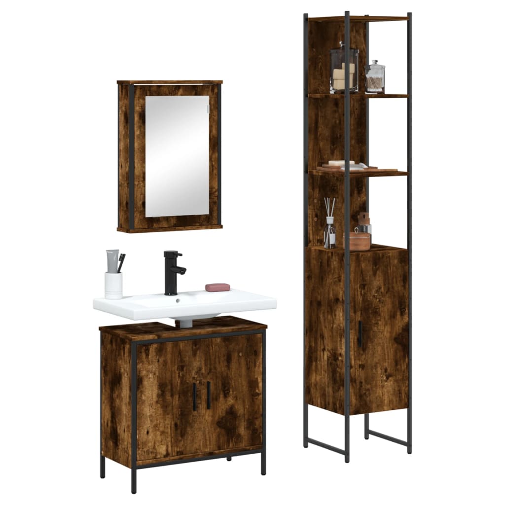 3 Piece Bathroom Furniture Set Engineered Wood Smoked oak