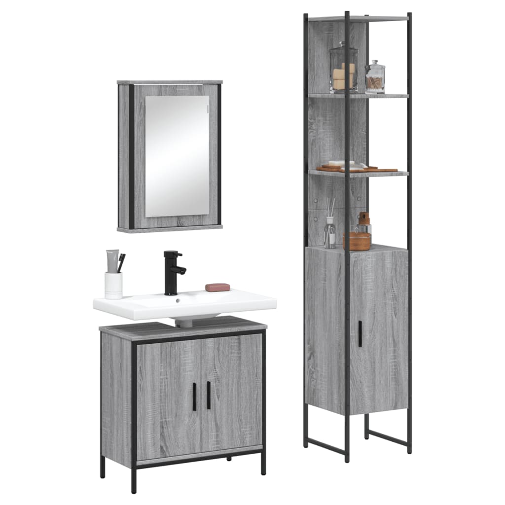 3 Piece Bathroom Furniture Set Engineered Wood Grey sonoma