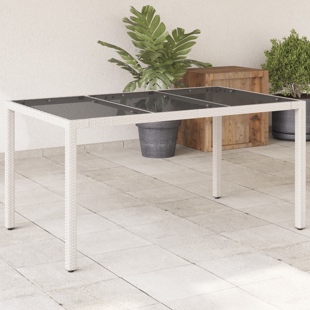 Garden Table with Glass Top 150x90x75 cm Poly Rattan White