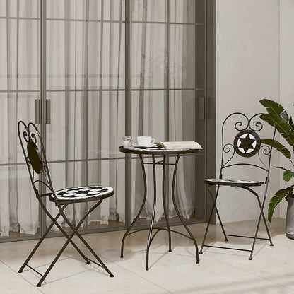 3 Piece Bistro Set Ceramic Tile Black and white Round table
