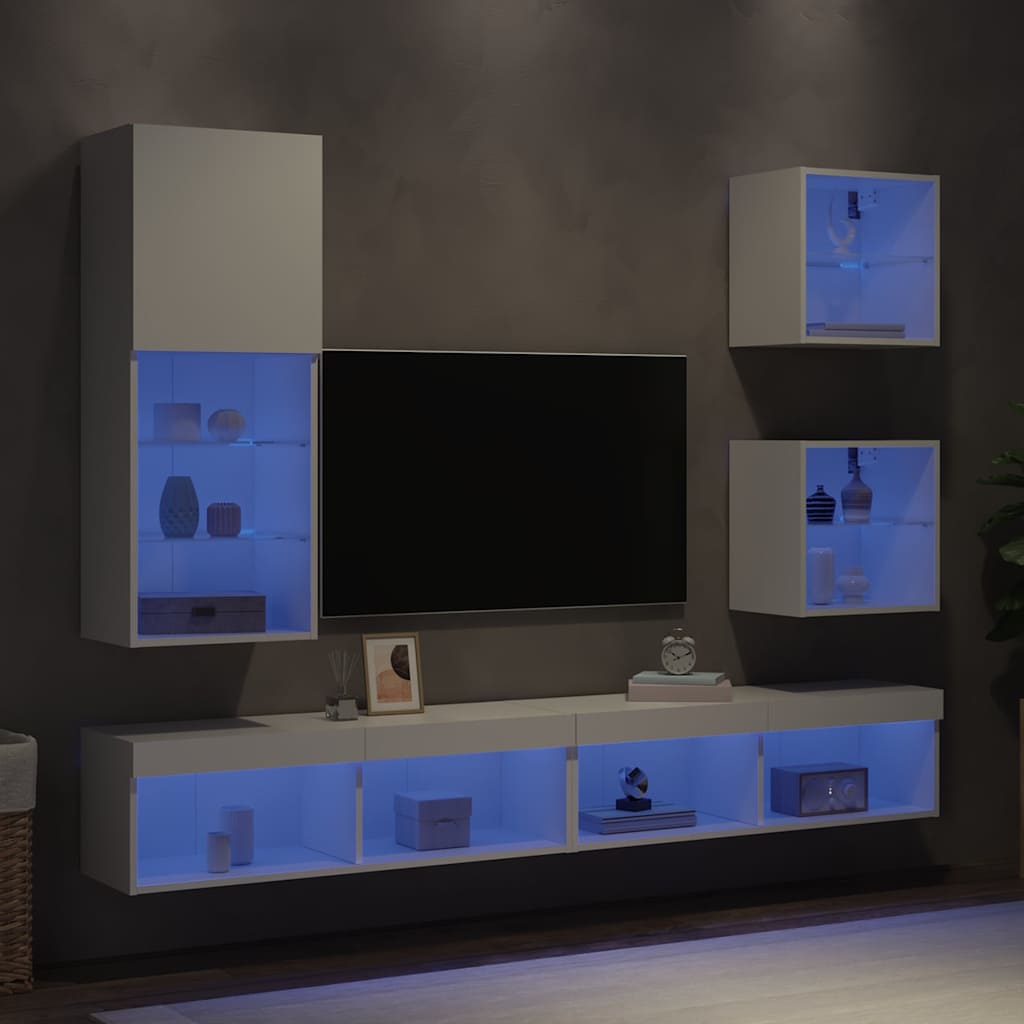 5 Piece TV Wall Units with LED Engineered Wood White