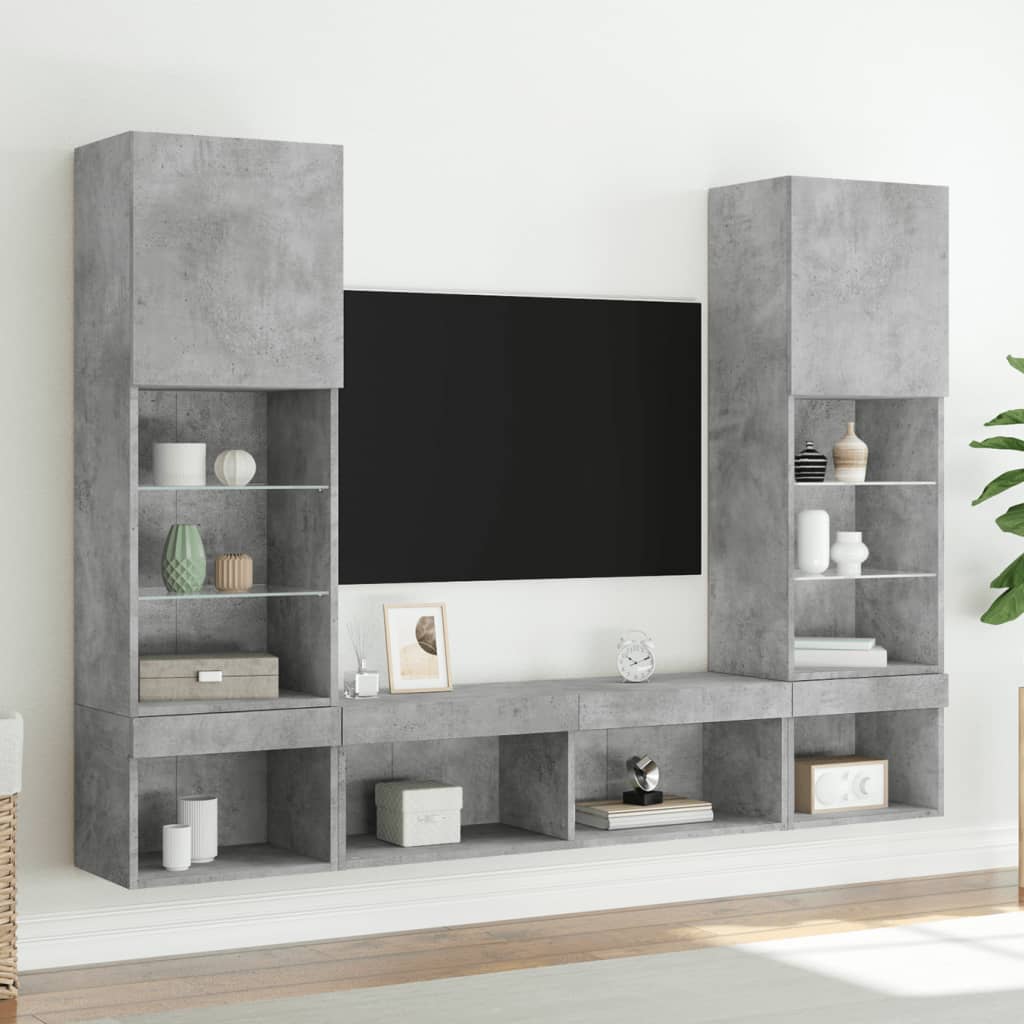vidaXL 5 Piece TV Wall Units with LED Concrete Grey Engineered Wood 4