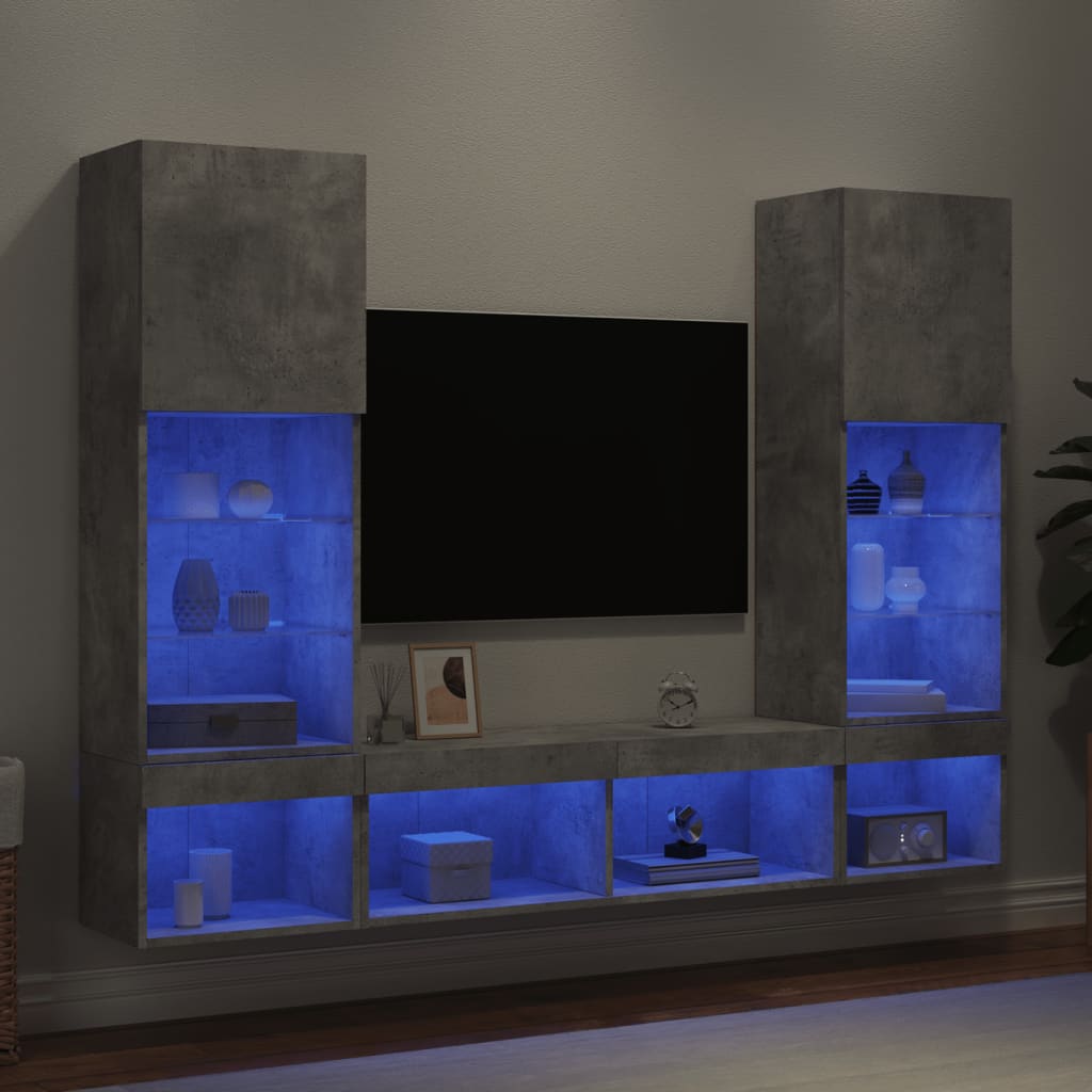 vidaXL 5 Piece TV Wall Units with LED Concrete Grey Engineered Wood 1